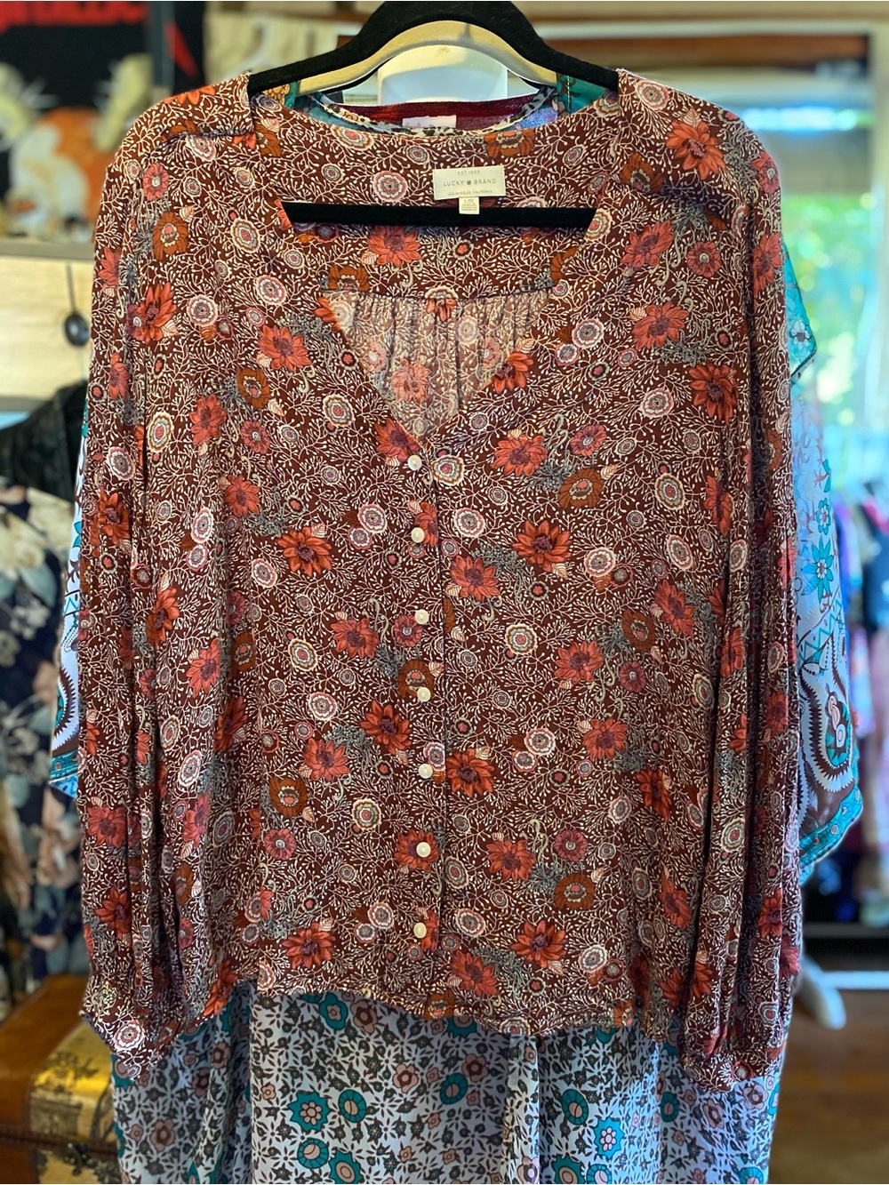 Lucky Brand Rust and Brown Floral Button-Front Blouse